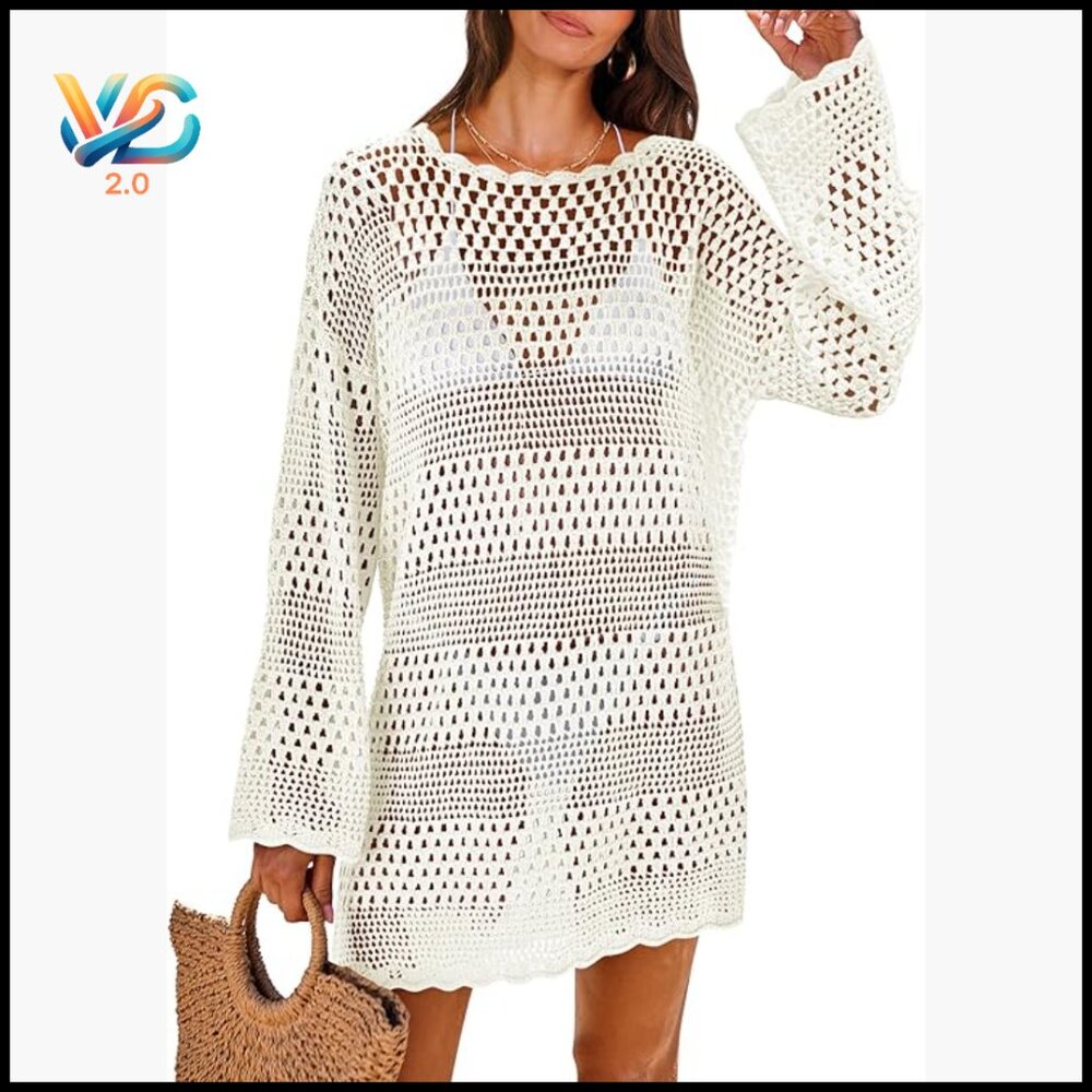 Crochet Mesh Cover Up Long Sleeve Beach Dress Swimsuit Cover